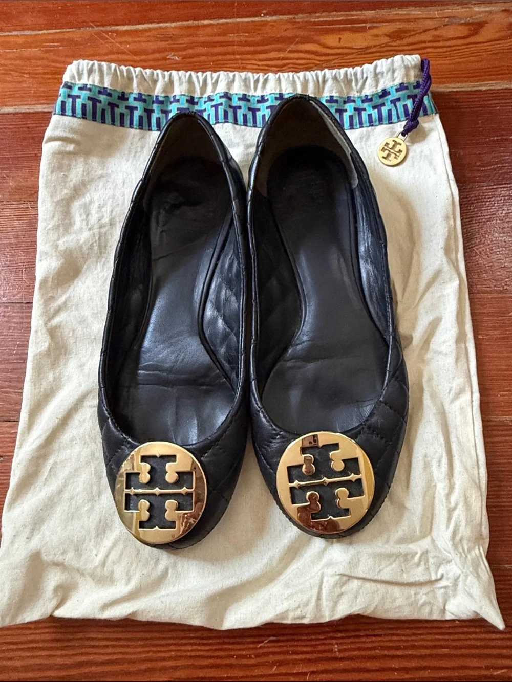 Tory Burch Black Quilted Leather Reva Flats with Gold Logo Medallion